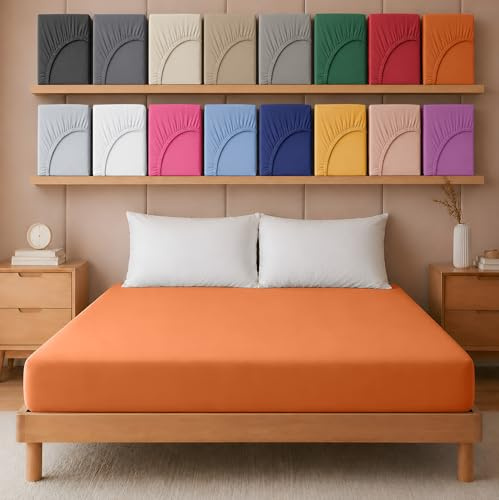 Hafaa Super King Fitted Sheet – Rust Soft Brushed Microfibre 25 cm Deep Elastic Fitted Bed Sheet – Easy Care & Breathable (180 x 200 cm)