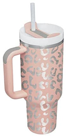 YOUEXPERT 40 oz Leopard Tumbler mit Griff und Stroh Isolierte Tumbler mit Deckel 40oz Cup Edelstahl Auto Becher Sport Reise Cup Geschenke (Leopard Light Pink)