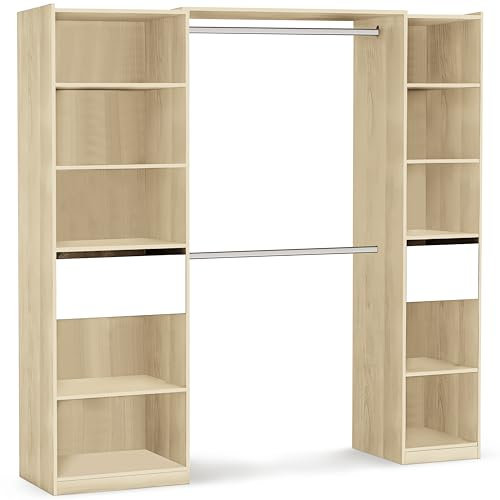 habeig Begehbarer Kleiderschrank #5077 in der Breite verstellbar und offen Garderobe Schrank Regal 2X Schublade Schlafzimmer (Reinweiß) (Weiß/Natur)