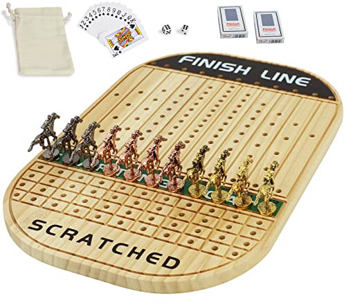 Jyquorp Pferderennen-Brettspiel – verdicktes Massivholz mit 11 luxuriösen, langlebigen, klassischen Metallpferden, 4 Würfeln, 2 Kartons (Holzfarbe, oval)