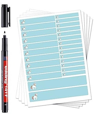 130 Stück Namensaufkleber zum Selbstbeschriften (Motiv Einhorn/Blau) incl. Stift Set-Bögen Mini/Mittel/Groß/Wasserfest/Kratzfest für Innen und Außen