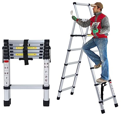 Sonnewelt 1,7m+2m Teleskopleiter Klappleiter, 5+6 Stufen A-Rahmen Mehrzweckleiter Stehleiter aus Aluminium, Ausziehleiter Trittleiter Leiter für Dachreparaturen