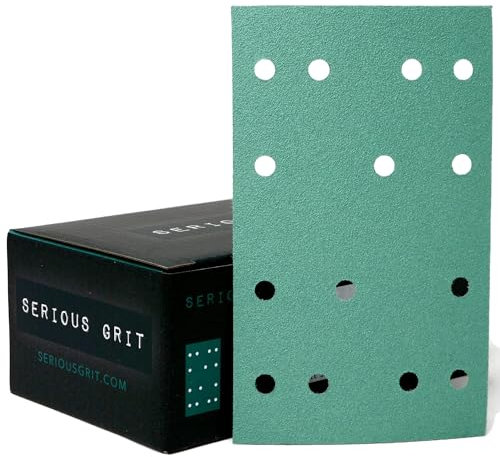 Serious Grit Feuilles abrasives 120 grains 14 trous 80 mm x 133 mm (3 x 5) Convient aux abrasifs auto-agrippants Festool RTS 400 et Mirka Deos 353 Boîte de 50 paquets, grain 120