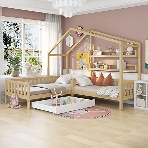 FEZTOY Kinderbett Hausbett mit Schubladen und Regalen, Massivholz Hausbett für 2 Kinder, L-Struktur Baumhaus Holzbett mit Zaun und Lattenrost, 90x200 cm+140x70cm, ohne Matratze (Natur)