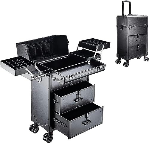 Kosmetik Trolley Rollkoffer Schminkkoffer, Artist Train Case Trolley Makeup Organizer, Mit Schlüsselschloss, Aluminium Schminkkoffer Rollkoffer,Dreifacher Schminkkoffer Mit Schubladen,schwarz (Color