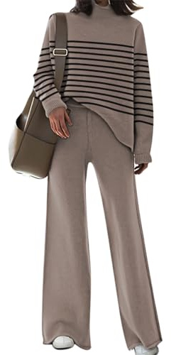 AOHITE 2-teiliges Damen-Outfit-Set, Strickpullover, Oberteil und Hose mit weitem Bein, Lounge-Sweatanzug, Trainingsanzug, Dunkelbraun, M