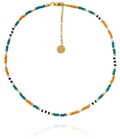 TUCÁN Colorful Perlen-Choker Halskette Gold, Handgefertigte Perlen-Kette Boho Bunt, Damen & Mädchen, 35-45 cm Länge verstellbar, 50TU