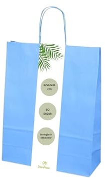 DeinPack Papiertüten aus Kraftpapier, Papiertüten mit Henkel, Geschenkverpackung, Geschenktüten, Gastgeschenke Tüten, Mitgebseltüten, Geschenktüten Set - 50 x blaue Papier Tüten 32 x 12 x 41 cm