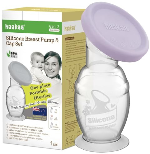 haakaa Manual Silicone Breast Pump & Silicone Cap(Lavender) 5oz/150ml,Gen.2 | Natural Suction, Stable Suction Base, Silicone Cap Helps Keep Flange Clean, One-Piece Easy-Clean Design, BPA-Free