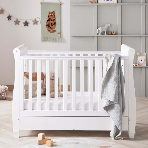 Babymore Eva Sleigh Cot Bed White - Drop Side Cot Bed Without Mattress, Baby Cot With Teething Rail & Drawer, Convertible Cot to Toddler Bed & Day Bed | 3 Adjustable Bed Base Positions - White