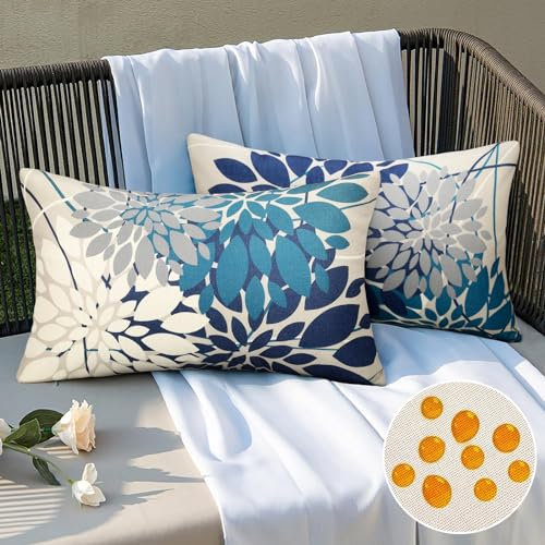 Kissenbezüge Wasserdicht Kissenbezug Navy Blau 30x50cm Dekokissen Outdoor Wetterfest Kissen Sommer Blume Dekoration Sofakissen Modern 2er Kissenhülle für Schlafzimmer Sofa Bett Garten Deko