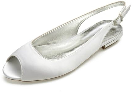 Women's with Buckle Satin Wedding Dress Shoes Slingback Sandals Peep Toe Flat Pumps Evening Party Comfort Bridal Flats,Ivory,4 UK