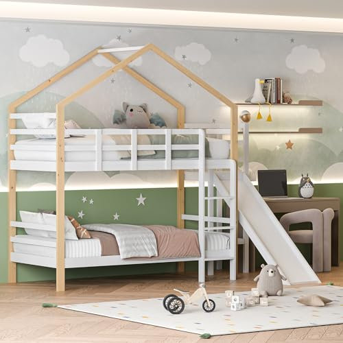 Letto a castello con scivolo e scalinata, 90 x 200 cm, letto a soppalco per bambini, letto per la casa, lettino per bambini, con balaustra, adatto per bambini, bambine con 2 reti a doghe, bianco