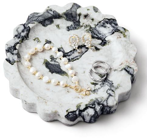 WORHE Marble Vanity Tray - Small Scalloped Round Candle Tray for Jewelry, Perfume, Makeup -Calacatta Viola Jewelry Dish Natural Decorative Bathroom Tray for Elegant Dresser Home Decor WH049