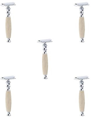 Juego de 5 cuchillas de afeitar de seguridad con mango de madera de doble filo, herramienta de aseo para bigote, color beige, 12,5 x 4,5 x 2,5 cm