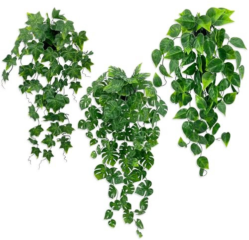 3 plantas artificiales en maceta, planta artificial colgante de hiedra de hiedra Mostera de pared para sala de estar, baño, estantería decorativa, planta colgante artificial como real, planta de