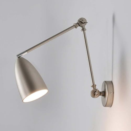 LOGT Verstellbarer Langer Arm Wandleuchte mit Schwenkbarem Arm Wandlampe Vintage Industrielle Metall Nachttischlampe Innen Drehbare Wand Leselampen Gelenkarm Wand Lampe für Schlafzimmer,Silber