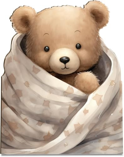 Kuschelbär Motiv Holzkarte - Bärchen Decke Geburtstagskarte | Niedliche Baby Deko, Bärchen Geschenk, Süßes Geschenk Baby, Lustige Geschenkidee mit Bärchen Motiv, Süßes Geschenk für Neugeborene