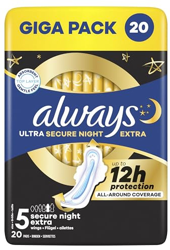 Always Ultra Secure Night Damenbinden (Größe 5) mit Flügeln 20 Stück, Super Saugfähig Und Ultra Dünn, für Die Periode