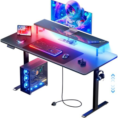 HLONONE Gaming Tisch mit LED, Höhenverstellbarer Schreibtisch 160 x 60 cm, Höhenverstellbar Elektrisch mit Steckdosen und Monitorständer, Steh-Sitz Tisch mit 3-Funktions-Memory, Schwarz