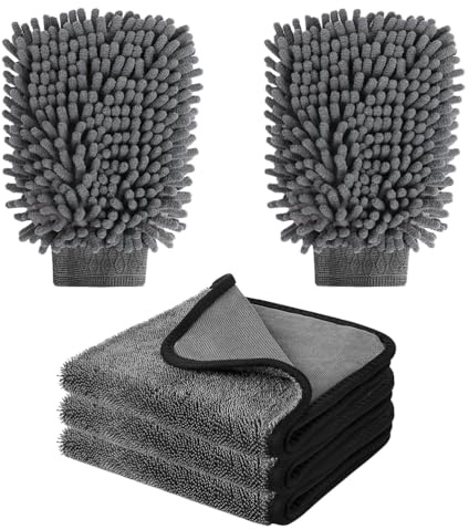 Tel Charme * 5 Stück Autopflege Set, 2er-Pack Handschuhe und 3er-Handtuchsets, kratzfrei und fusselfrei, hochwertige Chenille-Mikrofaser Waschhandschuhe, Ideal zum Polieren, Trocknen & Waschen