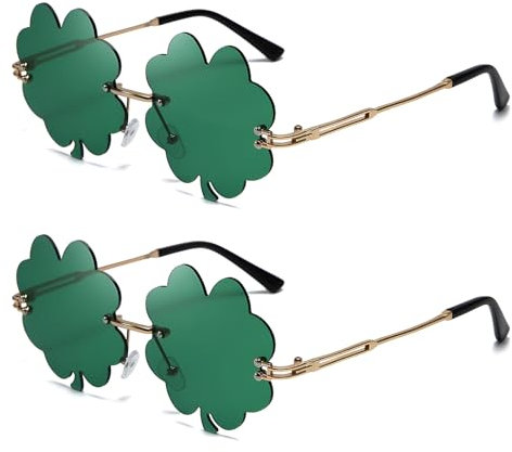 HSMHLYYB St.Patricks Day Brille, 2 Paar Vierblättrige Kleeblatt Brille, Grüne Kobold Kostümbrille, Leprechaun Kostüm Brille Metall Rahmen, Lustige Brillen Sonnenbrillen für Damen Herren Partyzubehör