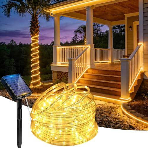 Suyoo Solar Rope Lights Outdoor Waterproof, 12M 100LED LED Tube String Lights, 8 Modes IP65 Solar Powered Fairy Lights for Garden Patio Party Halloween Christmas Decor Warm White