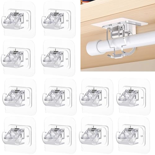 Xiciki 12PCS Self-Adhesive Curtain Hooks, Curtain Pole Brackets No Drill Curtain Pole Hooks Rod Holder, Sturdy and Easy to Install Transparent Rod Bracket Holder for Home Kitchen Bathroom Hotel