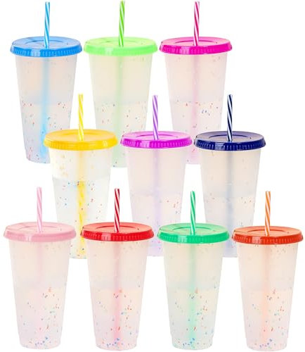 Yisituo 710ml Becher mit Deckel und Strohhalm, 10 Stück Farbwechsel Becher, für Kinder, Mehrweg Plastikbecher, für Partys, Smoothies und Travel (10, Regenbogen)