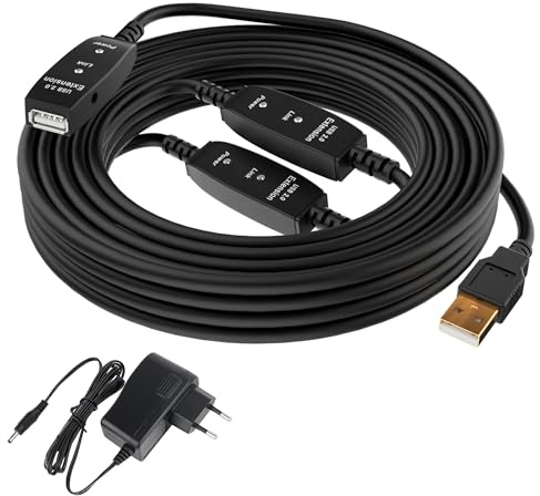 Mygatti USB 2.0 Aktiv Verlängerungskabel 30m,Typ A Stecker auf Buchse,mit 3 Signalverstärker und doppelter LED-Arbeitsanzeige,ABS-Gehäuse,DC Schnittstelle(DC Netzteil im Lieferumfang enthalten)