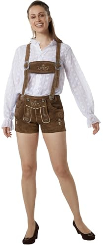 dressforfun Echtleder Lederhose Damen, Kurze Trachtenlederhose, Trachtenhose Damen mit Stickereien und Knochenknöpfen, Trachten Hose für Oktoberfest - Hellbraun, 34