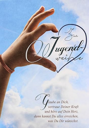 moderne Jugendweihe Karte mit Spruch – Klappkarte 11,5 x 17 cm – Motiv Hand formt Herz – inkl. Umschlag – Avan carte – für Jungen & Mädchen