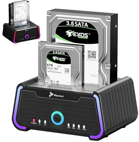 Reagle SATA Clone Docking Station 2X SATA Hard Drive Enclosure for 2.5 and 3.5 Inch HDD/SSD, 2X 22TB Windows, Linux, Mac OS USB 3.2 Gen 1 SuperSpeed USB 5 Gb/s