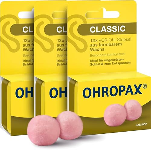OHROPAX Classic Ohrstöpsel Set – VOR-Ohr-Stöpsel zum Schutz vor Lärm, Nässe und Wind – aus formbarem Wachs – bequem und für alle Ohren geeignet – Schalldämmwert SNR 21 dB – 3x12 Stück