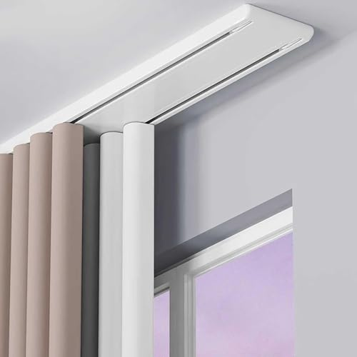 Gardinenstange 2-läufig Vorhangschienen deckenmontage Raumteiler Flächenvorhang schiene auf Maß Leise Vorhangschiene für Fenster Balkon Wohnmobil-Vorhang(White,3.0m(9.8ft))