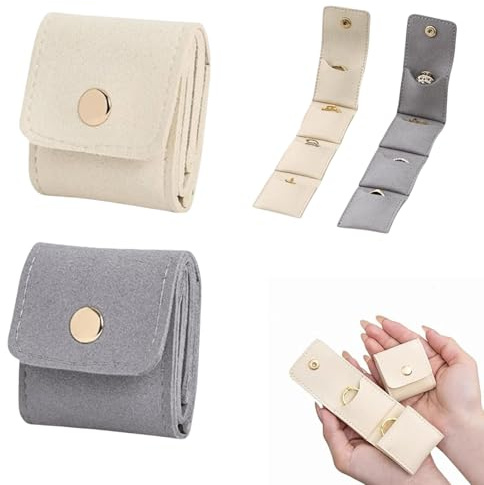 AABDTYYD Mini Reise Schmuckbeutel – Faltbarer Schmuckbeutel Organizer, kompakte Mini Reisetasche für Ohrringe, Ringe, Halsketten. Perfekt als Reise-, Geburtstags- und Festtagsgeschenk (Beige+Grau)