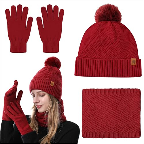 Qzakce Hat Scarf Gloves Set Winter Warm Knitted Beanie Hat Touchscreen Gloves Thick Fleece Scarf Neck Warmer for Women Ladies Girls 3 Pack
