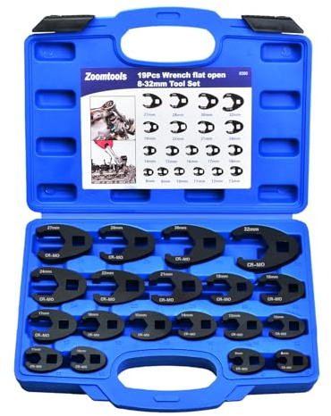 Zoomtools 19pcs 3/8” 1/2” Crows Foot Spanner Set,8-32mm Open End Drive Metric Chromium-Molybdenum Alloy Crowfoot Flare Nut Wrench Kit