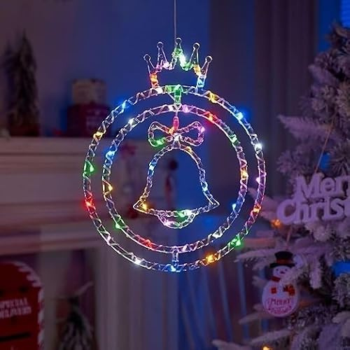 Weihnachtsdeko Fenster LED Weihnachtsbeleuchtung Innen Batteriebetrieben mit Timer, Bunt Fenster Beleuchtung Lichterketten, 8 Modi Weihnachtskranz Glocke Beleuchtet für Balkon Baum Aussen Innen Deko