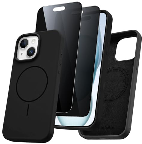 Pnakqil Coque pour iPhone 15 Compatible avec MagSafe, Magnétique Silicone Liquide avec 2 Pièces Verre Trempé Anti-Espion, Anti-Jaune Étui de Protection Antichoc Housse pour iPhone 15,Noir