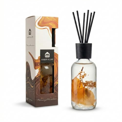 Mavere Amber Allure Reed Diffuser 250ml - Real Dried Botanicals - Long Lasting Home Fragrance for Living Room, Bedroom & Bathroom - Decorative Glass Bottle - 6 Black Reeds - UK Designed