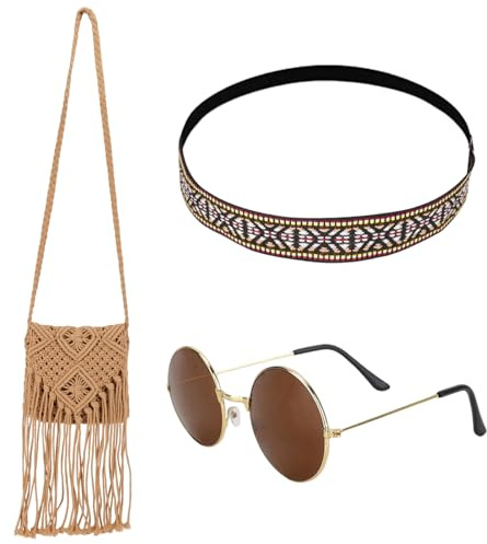 Hippie Accessoires Damen Karneval Schmuck-Fransen Tasche Klein, Haarband, Brille, Fasching Hippi Zubehör, Boho Kleidung Frau, 70er 80er Mode Jahre Outfit/Kostüm/Bekleidung für Hippy Cowgirl Kinder