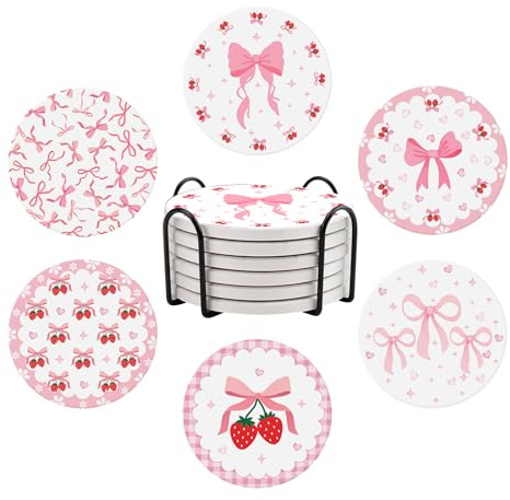 Bow-themed Ceramic Coasters, Set of 6 Drink Coasters, with Metal Holder, Absorbent Round Non-Slip Drink Mug Cup Coaster Housewarming Room Bar Fashion Decoration Gift