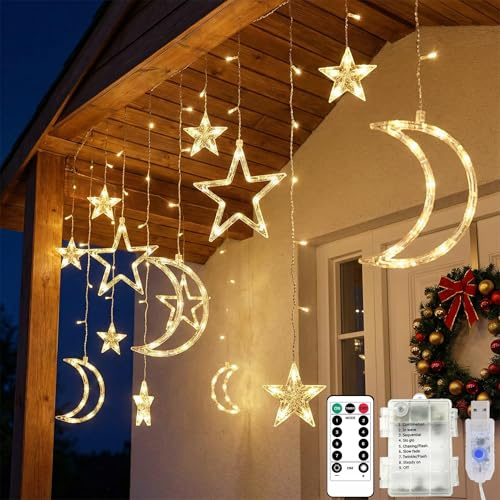 Ramadan Lichterkette, 3.5M 138 LEDs Lichterkette Mond Sterne Batteriebetriebe/USB mit Timer & Fernbedienung, 8 Modi Ramadan Deko Lichter Fensterbeleuchtung für Ramadan, Weihnachten, Hochzeit, Balkon