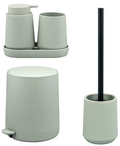 eluno Badezimmer-Set TESERO mit Soft-Touch Oberfläche, Bad-Accessoires Set 5tlg. aus Seifenspender, Becher, Schale, Kosmetikeimer, WC-Garnitur für Badezimmer und Gäste-WC aus Kunststoff (Salbei)