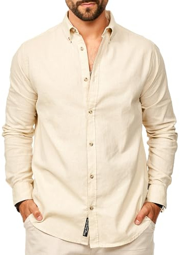 behype. Herren Leinenhemd als Langarmhemd - Freizeithemd im Regular-Fit mit Button-Down Kragen Sommerhemd - Strandhemd im Sommer-Look für Männer