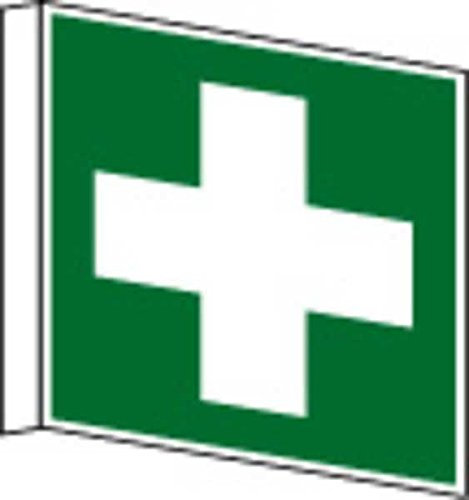 Targhetta per bandiera di primo soccorso, DIN EN ISO 7010, 150 x 150 x 1 mm, in plastica fluorescente