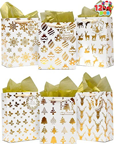 JOYIN 12 PCS Christmas Holiday Foil Gold Gift Bags with Tissue Papers and Name Card Tags; Assorted White Winter Prints for Party Favors Goody Bags, Xmas Presents and Wrapping Stocking Stuffers