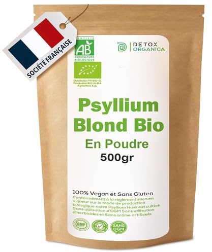 Detox Organica-Psyllium Blond Bio Poudre 500g-Tégument de psyllium Organic-Pur 99%-Riche en Fibres 100% Naturel et Vegan