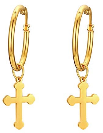 Flongo Herren Ohrstecker Creolen Damen Ohrringe, Silber Schwarz Rose Gold Stecker mit Kreuz Anhänger Jahrgang für Männer, Frauen